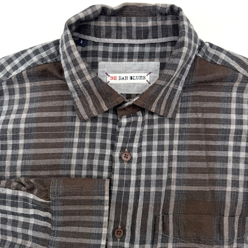 32 Bar Blues Men's Long Sleeve Brown Small Button Up Striped Pocket Cotton Shirt